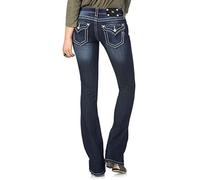 Miss Me Women's Loose Saddle Stitch Border Boot Cut Jean, Dark Blue, 32W x 32L