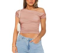 MISS MOLY Women's Basic Slim Fit T-Shirt Ladies Short Sleeve Ruched Off-Shoulder Crop Top Party Streetwear Tee Shirt