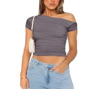 MISS MOLY Women's Basic Slim Fit T-Shirt Ladies Short Sleeve Ruched Off-Shoulder Crop Top Party Streetwear Tee Shirt Grey