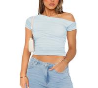 MISS MOLY Women's Basic Slim Fit T-Shirt Ladies Short Sleeve Ruched Off-Shoulder Crop Top Party Streetwear Tee Shirt Light Blue