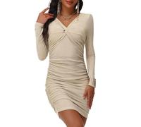 MISS MOLY Women's Sequins Dresses Stretchy V Neck Sexy Slim Long Sleeve Mini Bodycon Party Evening Cocktail Prom Ruched Dress for Ladies Champagne