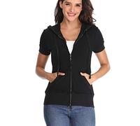MISS MOLY Womens Slim Fit Sweatshirt Full Zip Up Short Sleeve Hoodie Thin Cotton w 2 Patch Pocket Black S