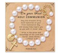 Miss Pink Initial First Holy Communion Confirmation Baptism Bracelets Gifts for Women Girls, Catholic First 1st Communion 14K Gold Pearl Cross Charm Bracelet Personalized A-Z for Goddaughter Niece, S