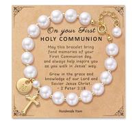 Miss Pink Initial First Holy Communion Confirmation Baptism Bracelets Gifts for Women Girls, Catholic First 1st Communion 14K Gold Pearl Cross Charm Bracelet Personalized A-Z for Goddaughter Niece, S