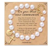 Miss Pink Initial First Holy Communion Confirmation Baptism Bracelets Gifts for Women Girls, Catholic First 1st Communion 14K Gold Pearl Cross Charm Bracelet Personalized A-Z for Goddaughter Niece, S