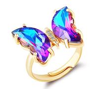 MISS RIGHT Butterfly Crystal Ring for Women Girls: 14K Gold Plated Vintage Boho Cute Finger Knuckle Adjustable Rings Aesthetic (Violet Purple), Zirconia,14k Gold,Brass