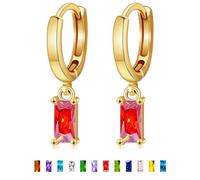 MISS RIGHT Dainty Gold Emerald Cut Birthstone Small Huggie Hoop Dangle Earrings for Women Trendy Girls, Hypoallergenic Baguette Crystal Diamond Drop Earrings Valentines Gifts, Stainless Steel, 18K