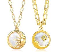 MISS RIGHT Sun and Moon Mother of Pearl Coin Matching Necklace for Couples Best Friend, Dainty Gold Paperclip Chain Disc Necklaces for Women Trendy, Celestial Tarot Jewelry Gifts, 18 inches, Mother of