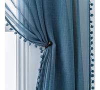 MISS SELECTEX Linen Look Pom Pom Tasseled Sheer Curtains - Rod Pocket Voile Semi-Sheer Curtains for Living and Bedroom, Set of 2 Curtain Panels (52 x 63 inch, Dusty Blue)