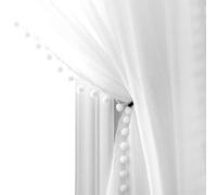 MISS SELECTEX Linen Look Pom Pom Tasseled Sheer Curtains - Rod Pocket Voile Semi-Sheer Curtains for Living and Bedroom, Set of 2 Curtain Panels (52 x 45 inch, White)