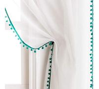 MISS SELECTEX Linen Look Pom Pom Tasseled Sheer Curtains - Rod Pocket Voile Semi-Sheer Curtains for Living and Bedroom, Set of 2 Curtain Panels (52 x 72 inch, White Sheer & Teal Pom Poms)