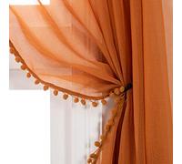 MISS SELECTEX Linen Look Pom Pom Tasseled Sheer Curtains - Rod Pocket Voile Semi-Sheer Curtains for Living and Bedroom, Set of 2 Curtain Panels (52 x 95 inch, Pumpkin Yellow)