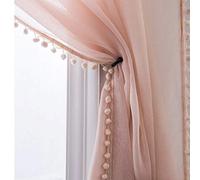 MISS SELECTEX Linen Look Pom Pom Tasseled Sheer Curtains - Rod Pocket Voile Semi-Sheer Curtains for Living and Bedroom, Set of 2 Curtain Panels (52 x 84 inch, Blush)