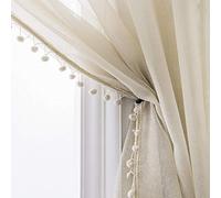 MISS SELECTEX Linen Look Pom Pom Tasseled Sheer Curtains - Rod Pocket Voile Semi-Sheer Curtains for Living and Bedroom, Set of 2 Curtain Panels (52 x 108 inch, Nature)