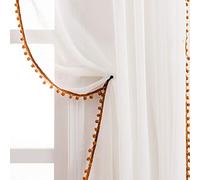 MISS SELECTEX Linen Look Pom Pom Tasseled Sheer Curtains - Rod Pocket Voile Semi-Sheer Curtains for Living and Bedroom, Set of 2 Curtain Panels (52 x 95 inch, White Sheer & Pumpkin Yellow Pom Poms)
