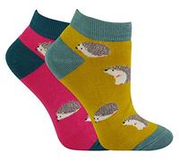 Miss Sparrow 2 Pair Multipack Ladies Bamboo Trainer Socks Breathable Novelty Animal Patterns Socks (4-7, Hedgehogs)