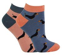 Miss Sparrow 2 Pair Multipack Ladies Bamboo Trainer Socks Breathable Novelty Animal Patterns Socks (4-7, Sausage Dog)