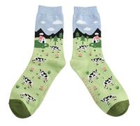 Miss Sparrow Cows in the Field Bamboo Blend Socks | Super Soft, Novelty Animal Print, Crew Length, Countryside Design, Women's