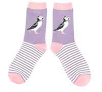 MISS SPARROW Dusky Purple Puffin Socks Grey Stripes Super Soft Eco Friendly Bamboo Blend Womens 1 Pair Size 3-7