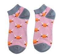 Miss Sparrow Highland Cow Trainer Socks Mauve | Bamboo Fabric, Low Cut Highland Cow Print, Pink & Grey Colourway, Women's Trainer Socks