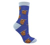 Miss Sparrow Ladies Highland Cow Socks Womens Novelty Bamboo Gift Socks For Cow Lovers (4-8, Navy Blue)