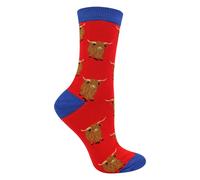 Miss Sparrow Ladies Highland Cow Socks | Womens Novelty Bamboo Gift Socks For Cow Lovers - 4-8 UK - Red