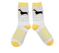MISS SPARROW Sausage Dog Happy Birthday Socks Super Soft Breathable Bamboo 1 Pair Silver