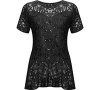 Miss Trendy Plus Size Womens Sequin Lace Peplum Frill Top with Scoop Neck & Short Sleeves - Evening Party Wear T-Shirt Blouse for Curvy Ladies - Black - 22-24