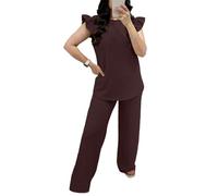 Miss Trendy Women’s Frill Sleeve Top and Wide Leg Trousers Co-Ord Set - Popcorn Fabric 2-Piece Lounge Wear for Casual and Summer Outings Comfortable and Versatile Chocolate 20-22