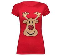 Miss Trendy Womens Ladies Christmas Glitter T Shirt Reindeer Santa Snowman Print Xmas Tops (M/L (UK Size 12-14).Red Rudolph Nose)
