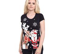 Miss Trendy Womens Ladies Christmas Glitter T Shirt Reindeer Santa Snowman Print Xmas Tops (S/M (UK Size 8-10).Black Rudolph and Santa)