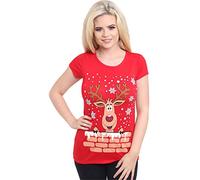 Miss Trendy Womens Ladies Christmas Glitter T Shirt Reindeer Santa Snowman Print Xmas Tops (S/M (UK Size 8-10).Red Behind The Wall Rudolph)