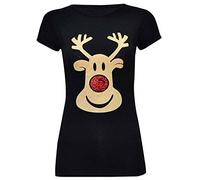 Miss Trendy Womens Ladies Christmas Glitter T Shirt Reindeer Santa Snowman Print Xmas Tops (XL (UK Size 16-18),Black Rudolph Nose)