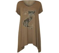 Miss Trendy Womens Plus Size Cat Stud Tunic Top Short Sleeve Hanky Hem T-Shirt Diamante Embellished Viscose Spandex UK Sizes 14-28 Casual Comfortable - Mocha - 22-24