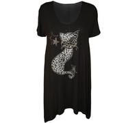 Miss Trendy Womens Plus Size Cat Stud Tunic Top Short Sleeve Hanky Hem T-Shirt Diamante Embellished Viscose Spandex UK Sizes 14-28 Casual Comfortable - Black - 26-28