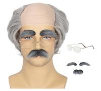 Miss U Hair Old Man Wig and Mustache Eyebrows Funny Wigs Short Grey Bald Cap With Hair On Sides Balding Grandpa Wig