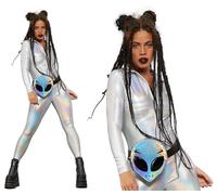 Miss Whiplash Bodysuit Ladies Holographic Zip Up Catsuit Silver Fancy Dress