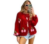 Miss Wow Women's Cherry Print Tie Front Cardigan, Long Sleeve (Red)