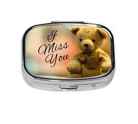 (Miss You Bear) Square Pill Box with 2 Compartment Small Pill Organizer Portable Pill Case Vitamin Containers, Travel Essentials 5.5x4x1.8 cm