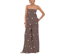 MISSACTIVER Women Polka Dot Tube Top Pant Set Spot Print Strapless Bandeau Wide Leg Pants Lounge Sets Summer 2 Piece Outfits, Brown, Large