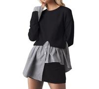 MISSACTIVER Women Slit Crew Neck Patchwork Sweater Asymmetrical Hem Shirt Top 2 in 1 Buttons Down Pullover Knit Sweater, Black, M