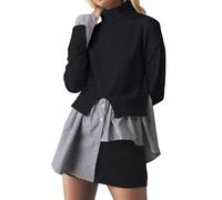 MISSACTIVER Women Slit Turtleneck Patchwork Sweater 2 in 1 Buttons Down Pullover Knit Sweater Asymmetrical Hem Shirt Top, Black, Small