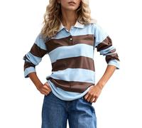 MISSACTIVER Womens Striped Polo Long Sleeve Shirts Color Block Lapel V Neck Workout Tops Fall Loose Rugby Tshirts Blouse, Blue Brown, M