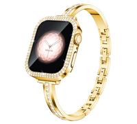 Missair Compatible for Apple Watch Straps Women 44mm with Screen Protector Case, Slim Metal Dressy Jewelry Bracelet Band with Bling Diamond Cover for iWatch SE3 Series 6 5 4, Gold