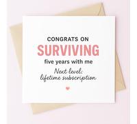 MissDaisy-Funny Anniversary Card- Humorous 1st 5th Year Anniversary Card for Husband Wife | Premium 300gsm Cardstock 5.7x5.7 Inch Square | With Envelope | Perfect for Couples Marriage (5 Years)