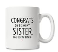 MissDaisy-Funny Sister Coffee Mug 11oz, Sarcastic Congrats on Being My Sister Mug, Cute White Ceramic Tea Cup for Siblings, Unique Humor Birthday Present for Big or Little Sister, Friend