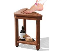 MISSEND Shower Foot Rest 15 in, Acacia Shower Stool for Shaving Legs,Corner Bath Shower Bench with Starage Shelf for Inside Small Shower Spaces