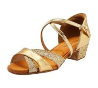 missfiona Girls Ballroom Dance Shoes Glitter Latin Salsa Shoes for Kids 3.5cm Low Heels(10.5 UK, Gold)