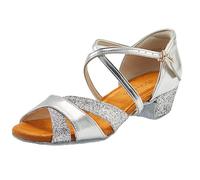 missfiona Girls Ballroom Dance Shoes Glitter Latin Salsa Shoes for Kids 3.5cm Low Heels(9.5 UK, Silver)