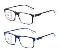 Missfive 2-Pack Mens Light Multifocus Progressive Reading Glasses Blue Light Blocking, Multifocal Spring Hinge No-Line Trifocal Readers Black Eyeglasses, Workspace For Near Range, +2.0